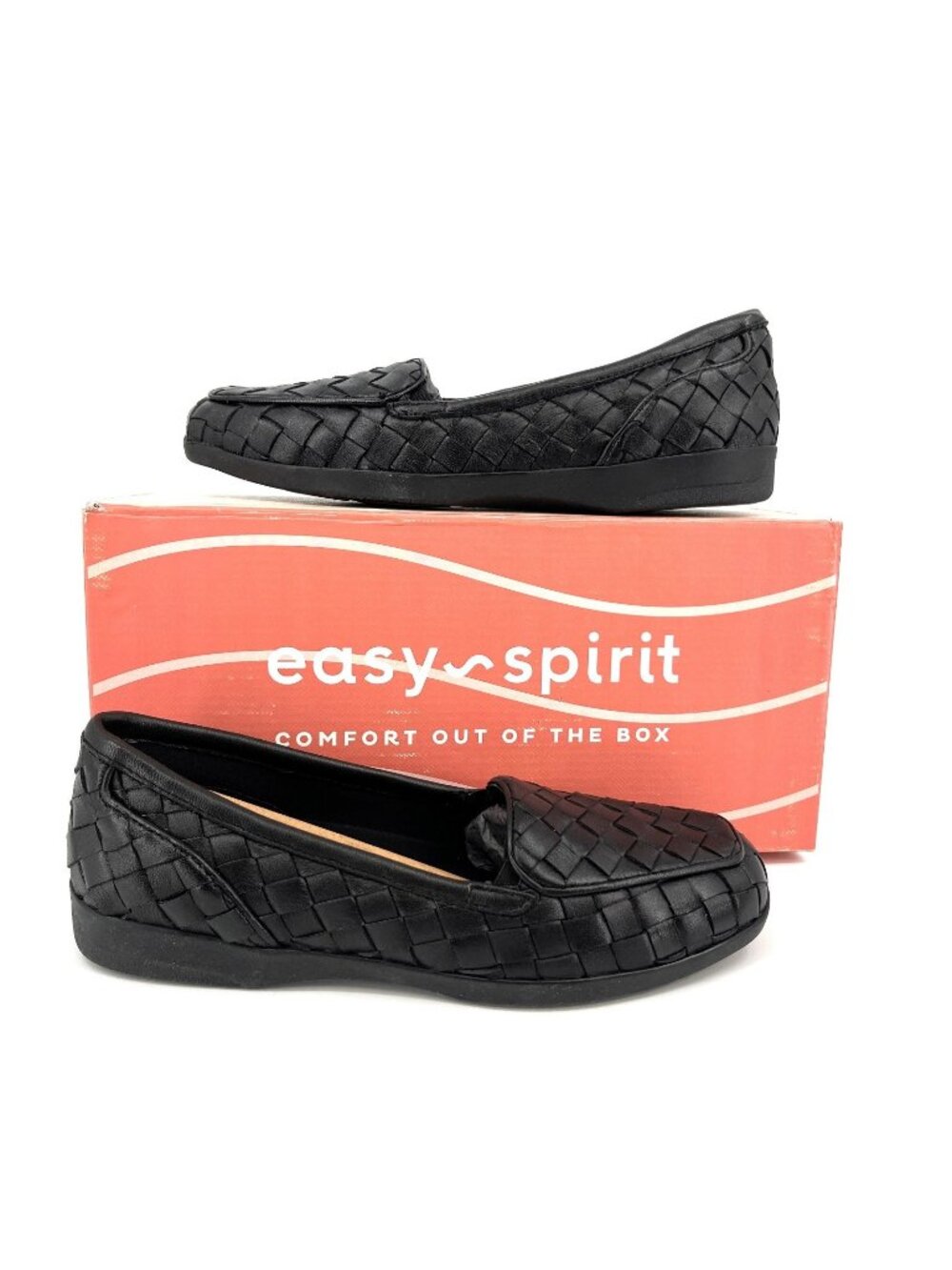 Easy Spirit Devitt Woven Loafers Black Size 5.5M Leather Slip On Comfort Flats